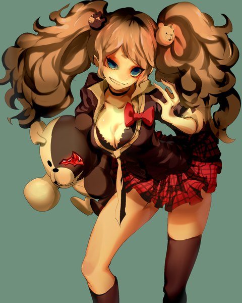 Anime picture 1600x2000 with dangan ronpa enoshima junko monokuma yelsh single long hair tall image looking at viewer blue eyes light erotic simple background smile brown hair twintails cleavage blue background girl thighhighs bow black thighhighs