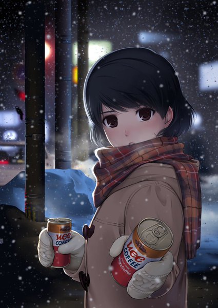 Anime picture 702x992 with domestic na kanojo tachibana rui sasuga kei single tall image looking at viewer blush short hair black hair brown eyes blurry depth of field snowing winter snow exhalation girl jacket scarf can