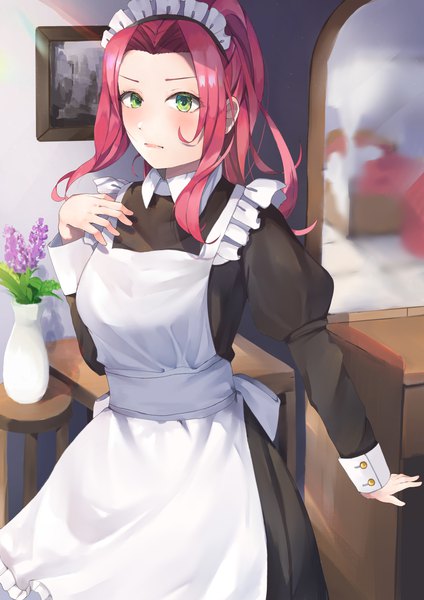 Anime picture 2480x3508 with tate no yuusha no nariagari kinema citrus malty melromarc kraben single long hair tall image looking at viewer blush highres breasts open mouth standing green eyes payot red hair indoors long sleeves maid hand on chest