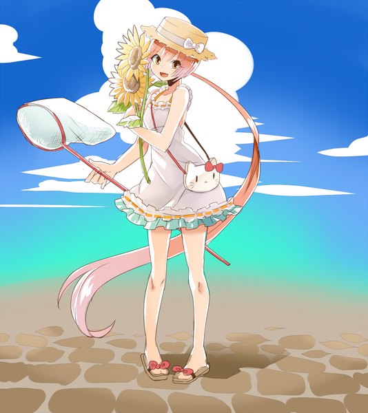 Anime picture 889x1000 with hello kitty vocaloid sanrio nekomura iroha toudou charo single tall image looking at viewer fringe standing bare shoulders holding brown eyes sky cloud (clouds) ponytail very long hair bare legs happy girl