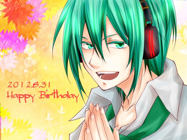Anime picture 1024x768 with vocaloid hatsune mikuo oyatunoousama single looking at viewer fringe short hair hair between eyes aqua eyes fingernails aqua hair dated long fingernails hands clasped happy birthday boy headphones