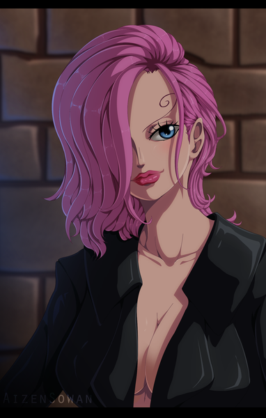 Anime picture 1500x2356 with one piece toei animation vinsmoke reiju aizen sowan single tall image looking at viewer blush fringe short hair breasts blue eyes light erotic large breasts signed pink hair cleavage upper body light smile lips