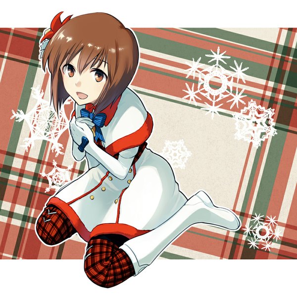 Anime picture 800x800 with idolmaster idolmaster (classic) hagiwara yukiho nakatani single looking at viewer fringe short hair open mouth brown hair sitting brown eyes from above wariza girl gloves hair ornament elbow gloves white gloves knee boots