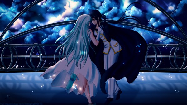 Anime picture 2560x1440 with original darkheartknight long hair highres blue eyes black hair wide image multiple girls blue hair cloud (clouds) night girl dress gloves 2 girls suit