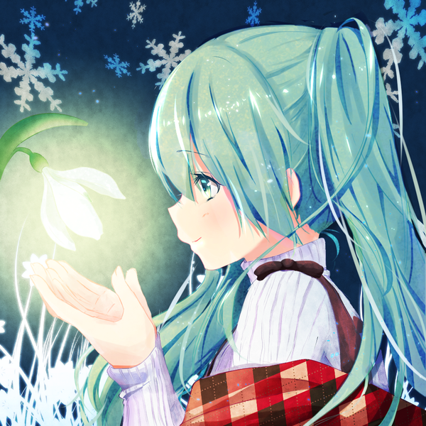 Anime picture 1000x1000 with vocaloid hatsune miku nekomaaro single long hair blush fringe smile twintails looking away profile aqua eyes aqua hair alternate costume close-up glow girl flower (flowers) snowflake (snowflakes) lily of the valley