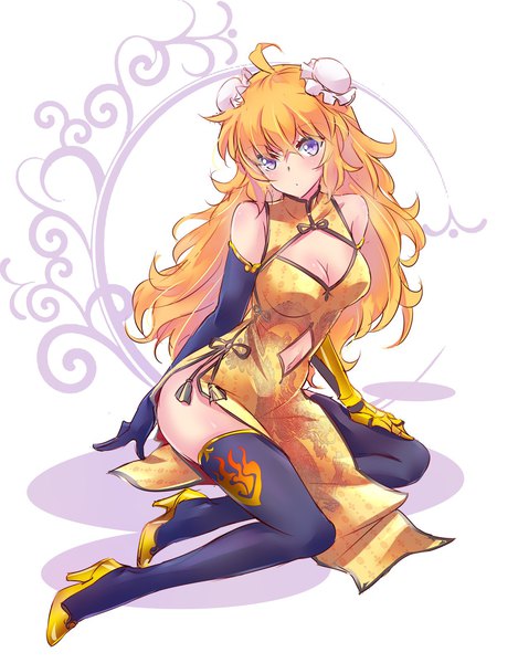 Anime picture 1250x1600 with rwby rooster teeth yang xiao long iesupa single long hair tall image looking at viewer fringe breasts blue eyes light erotic simple background blonde hair sitting cleavage ahoge traditional clothes high heels chinese clothes