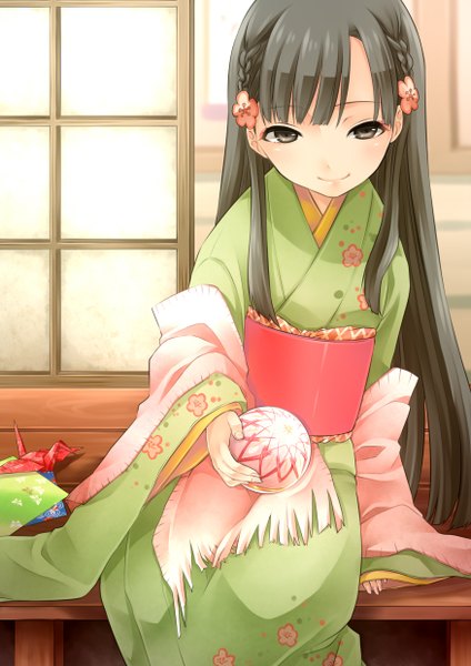 Anime picture 1752x2480 with idolmaster idolmaster cinderella girls kobayakawa sae takamiya ren single long hair tall image highres black hair brown eyes japanese clothes hair flower girl hair ornament kimono obi bell