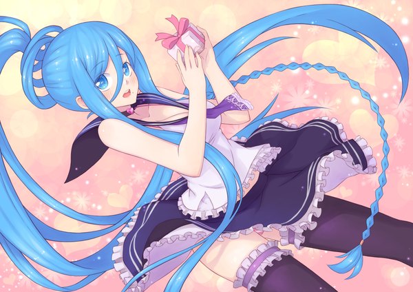 Anime picture 2046x1447 with aoki hagane no arpeggio takao (aoki hagane no arpeggio) moonhackle single looking at viewer blush highres open mouth blue eyes light erotic blue hair ponytail very long hair pantyshot girl dress hair ornament underwear panties frills