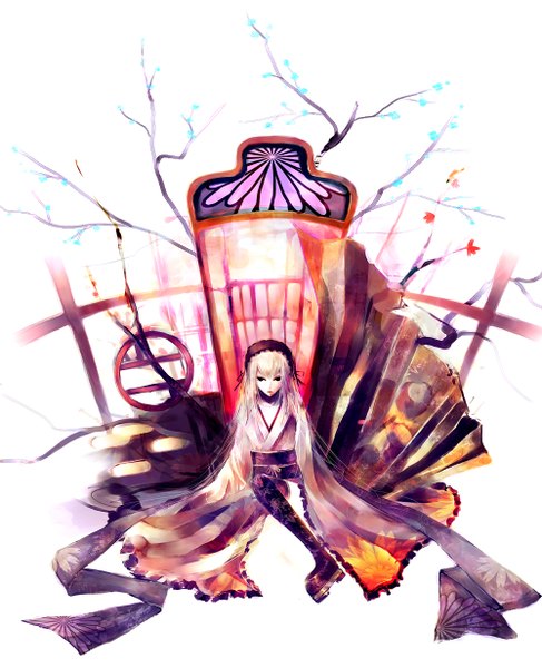 Anime picture 1000x1231 with rozen maiden suigintou iori (yakata-bako) single long hair tall image white hair traditional clothes japanese clothes black eyes girl headdress kimono thigh boots obi