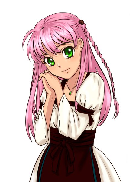 Anime picture 719x938 with original orika nekoi single long hair tall image looking at viewer fringe simple background smile white background green eyes pink hair head tilt girl dress choker