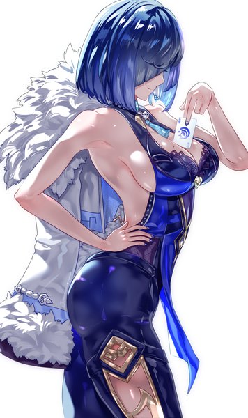 Anime picture 1020x1720 with genshin impact yelan (genshin impact) uenoryoma single tall image fringe short hair breasts light erotic simple background large breasts standing white background blue hair cleavage profile hair over one eye mole sleeveless hand on hip