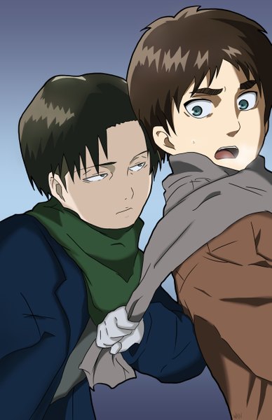 Anime picture 3300x5100 with shingeki no kyojin production i.g eren yaeger levi (rivaille) camiwan tall image highres short hair blue eyes black hair simple background brown hair absurdres multiple boys winter vector boy scarf 2 boys