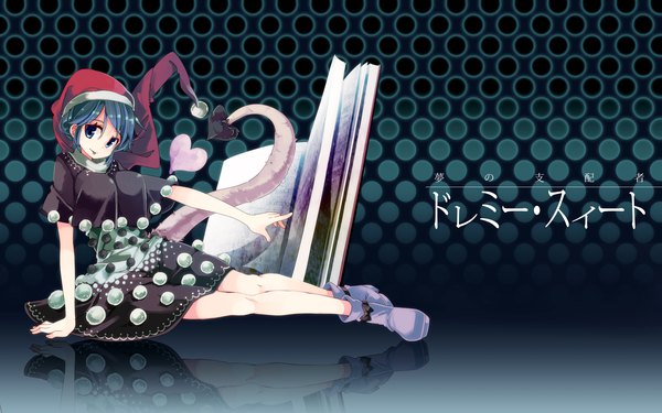 Anime picture 1920x1200 with touhou doremy sweet aioi aoi single looking at viewer highres short hair breasts blue eyes smile large breasts sitting blue hair tail arm support legs character names reflection reclining :p