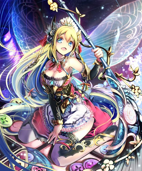 Anime-Bild 1000x1200 mit shingoku no valhalla gate original sho (runatic moon) single long hair tall image open mouth blue eyes blonde hair braid (braids) insect wings butterfly wings girl dress flower (flowers) weapon wings