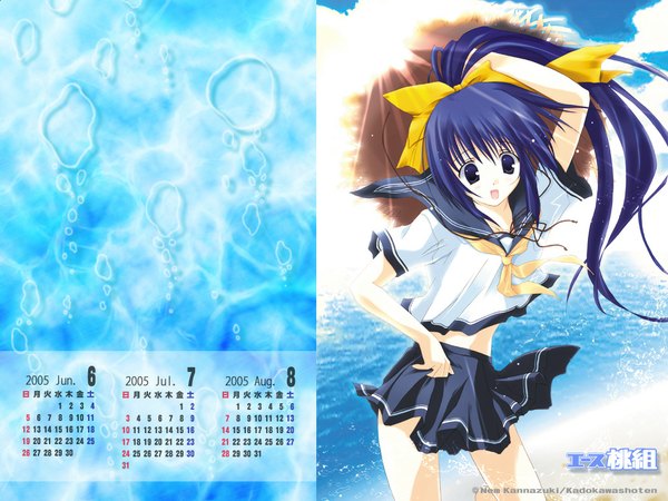 Anime picture 1024x768 with tagme (copyright) kannazuki nemu single long hair blue hair looking away ponytail hat removed headwear removed 2005 calendar 2005 girl skirt uniform bow hair bow miniskirt serafuku sea calendar