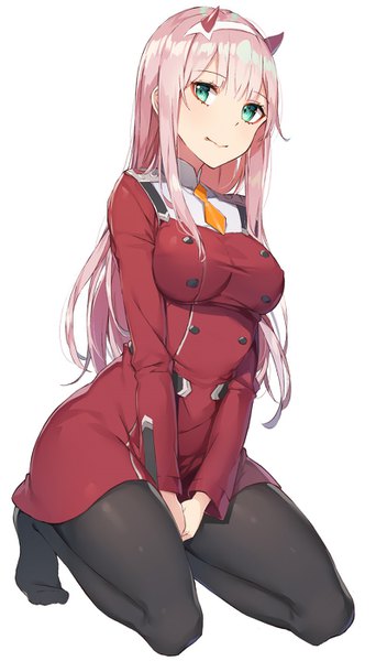 Anime-Bild 800x1402 mit darling in the franxx studio trigger zero two (darling in the franxx) rikoma single long hair tall image looking at viewer blush fringe breasts simple background smile white background payot pink hair full body bent knee (knees) long sleeves horn (horns)