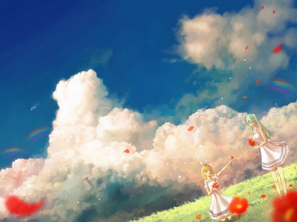 Anime picture 1200x900 with vocaloid hatsune miku kagamine rin mdk (m-kuri) short hair blonde hair twintails multiple girls sky cloud (clouds) eyes closed aqua hair kneeling outstretched arm scenic field girl flower (flowers) bow 2 girls