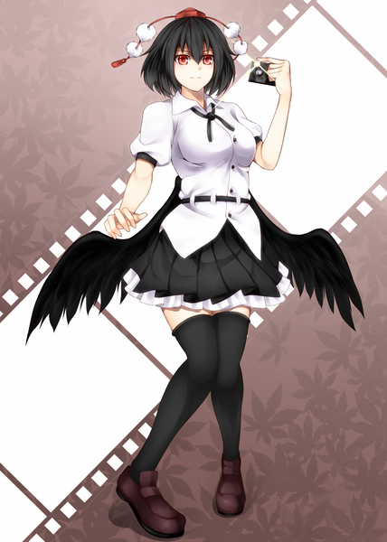 Anime picture 1285x1800 with touhou shameimaru aya nue0192 single tall image short hair black hair red eyes girl thighhighs skirt black thighhighs hat miniskirt shirt wings camera