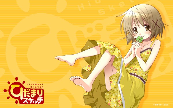Anime picture 1920x1200 with hidamari sketch shaft (studio) yuno aoki ume single highres short hair brown hair wide image brown eyes barefoot loli yellow background girl x hair ornament sundress clover (plant)