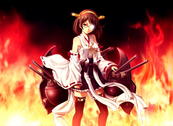 Anime picture 1300x950 with kantai collection kirishima battleship shian (my lonly life.) single looking at viewer short hair blue eyes brown hair bare shoulders nontraditional miko girl thighhighs hair ornament weapon black thighhighs detached sleeves glasses fire