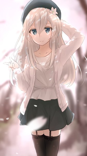Anime picture 1080x1920 with kantai collection u-511 submarine mitsukii single long hair tall image looking at viewer fringe blue eyes blonde hair hair between eyes hair flower light smile blurry cherry blossoms arm behind head outstretched hand girl thighhighs skirt