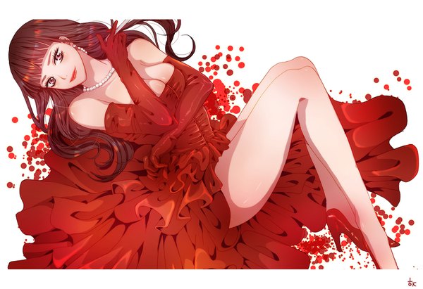 Anime picture 1500x1029 with original mamun (ilgu) single long hair fringe breasts light erotic brown hair white background brown eyes cleavage bent knee (knees) lying blunt bangs high heels lipstick red lipstick arched back girl dress