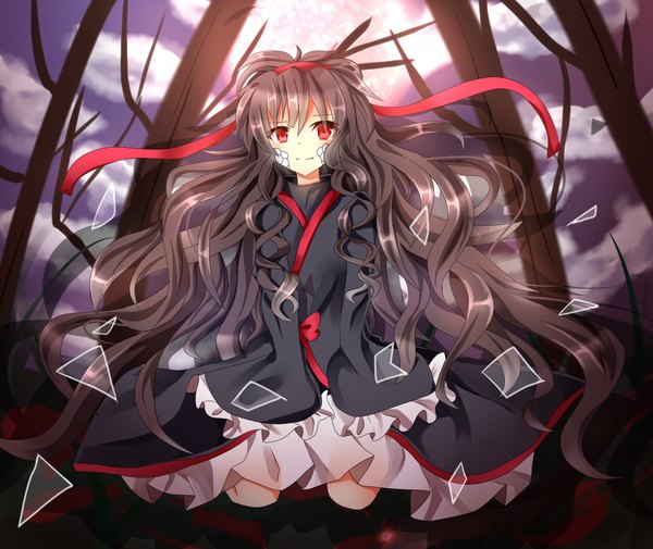 Anime picture 1020x859 with kagerou project shaft (studio) azami (kagerou project) sanasanayukikuni single long hair looking at viewer black hair red eyes cloud (clouds) girl thighhighs dress ribbon (ribbons) black thighhighs hair ribbon