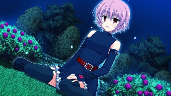 Anime picture 1280x720 with fortissimo//akkord:bsusvier (game) ooba kagerou short hair red eyes wide image pink hair game cg girl thighhighs flower (flowers) black thighhighs detached sleeves