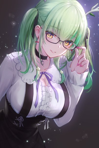 Anime picture 2762x4087 with virtual youtuber hololive hololive english ceres fauna ceres fauna (jirai kei) tokisaka makoto single long hair tall image looking at viewer fringe highres breasts hair between eyes large breasts yellow eyes nail polish green hair two side up official alternate costume