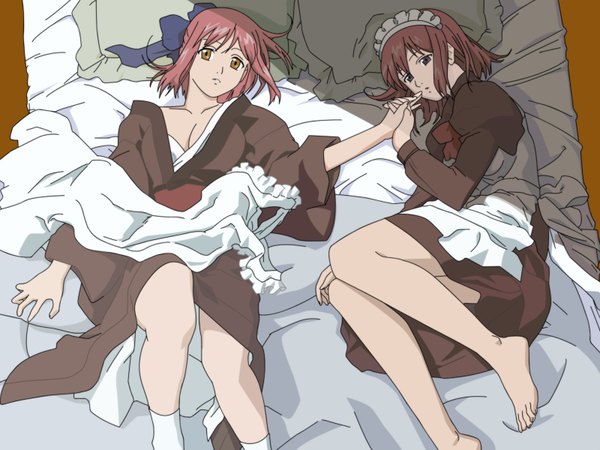 Anime picture 1600x1200 with shingetsutan tsukihime type-moon kohaku (tsukihime) hisui (tsukihime) maid vector twins