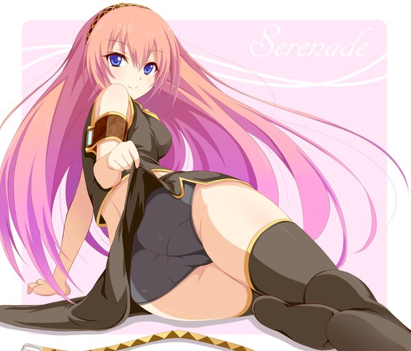 Anime picture 4193x3592 with vocaloid megurine luka violet sit single long hair highres blue eyes light erotic pink hair absurdres ass looking back thick thighs girl thighhighs skirt underwear panties black thighhighs miniskirt