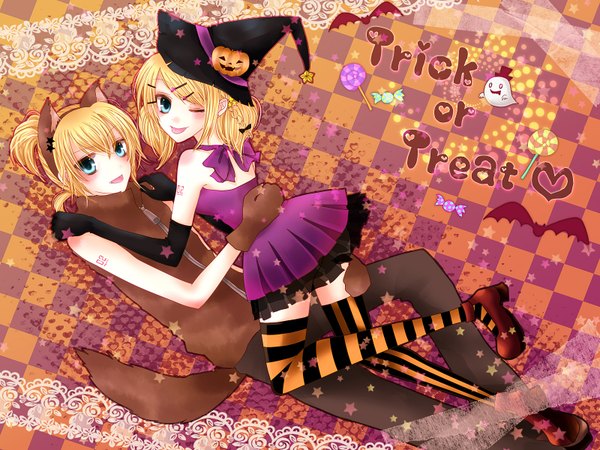 Anime picture 1600x1200 with vocaloid kagamine rin kagamine len tagme (artist) blush blonde hair green eyes animal ears tail one eye closed wink couple hug halloween cosplay witch trick or treat girl thighhighs boy