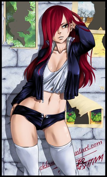 Anime picture 665x1100 with fairy tail erza scarlet bl4ckburn single long hair tall image fringe brown eyes red hair hair over one eye bare belly midriff coloring adjusting hair framed open shorts girl thighhighs navel white thighhighs