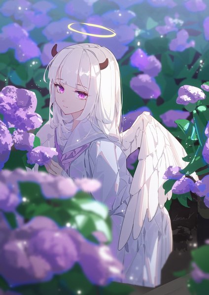 Anime picture 1413x2000 with original leria v single long hair tall image looking at viewer fringe standing outdoors white hair blunt bangs pink eyes horn (horns) light smile blurry leaning leaning forward slit pupils angel wings white wings