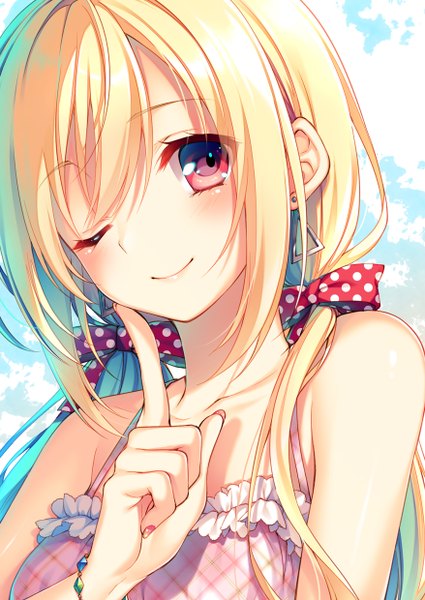 Anime picture 878x1240 with original toosaka asagi single long hair tall image looking at viewer blush fringe blonde hair smile hair between eyes red eyes twintails bare shoulders sky cloud (clouds) upper body nail polish one eye closed fingernails