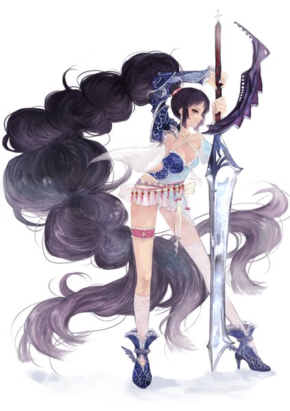 Anime picture 1500x2121 with original pisuke single tall image black hair white background purple eyes very long hair legs girl thighhighs weapon sword armor cross