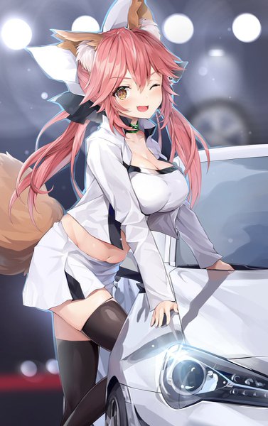 Anime picture 755x1200 with fate (series) fate/extra tamamo (fate) (all) tamamo no mae (fate) gedou (shigure seishin) single long hair tall image looking at viewer blush fringe breasts open mouth smile hair between eyes large breasts standing twintails brown eyes animal ears