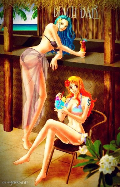 Anime picture 870x1358 with one piece toei animation nami (one piece) nico robin oregano551 long hair tall image looking at viewer fringe breasts open mouth blue eyes light erotic smile red eyes standing sitting bare shoulders multiple girls holding