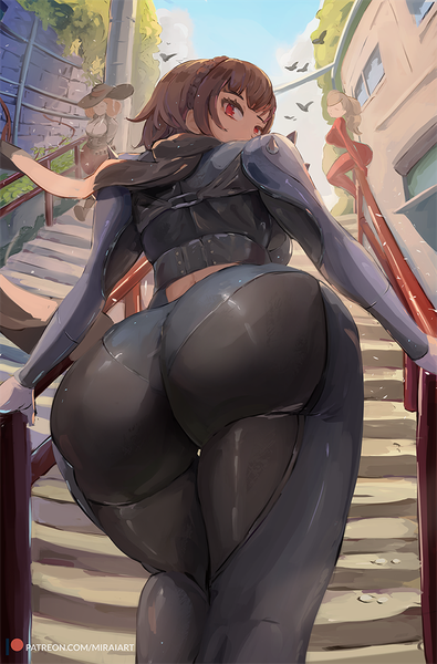 Anime picture 720x1094 with persona 5 persona takamaki anne niijima makoto okumura haru miraihikariart tall image looking at viewer short hair light erotic red eyes brown hair standing multiple girls outdoors ass long sleeves looking back from behind blurry