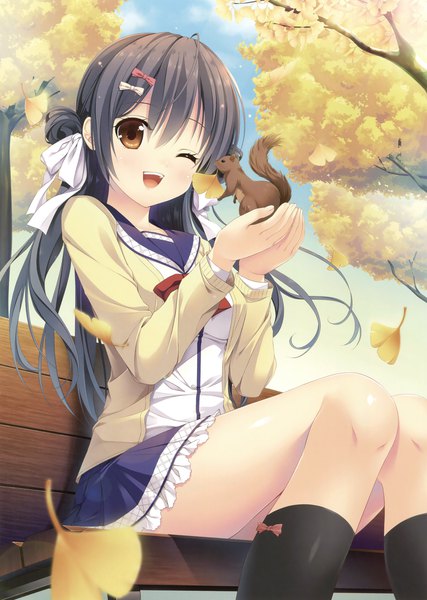 Anime picture 2494x3500 with original narumi yuu (bunbukudou) single long hair tall image blush highres open mouth black hair sitting brown eyes looking away outdoors one eye closed scan ;d autumn girl uniform ribbon (ribbons)