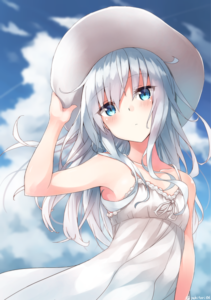 Anime picture 1000x1422 with kantai collection hibiki destroyer yakitori (yakitori06) single long hair tall image looking at viewer blush fringe blue eyes hair between eyes bare shoulders signed sky silver hair cloud (clouds) wind from below armpit (armpits) sleeveless