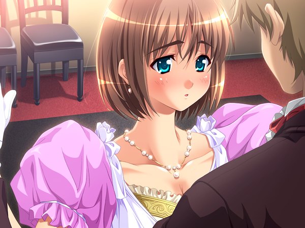 Anime picture 1024x768 with shoukoujo charlotte short hair blue eyes brown hair game cg girl dress