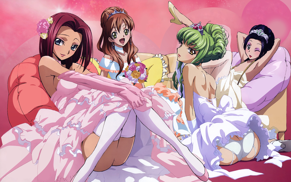 Anime picture 1920x1200 with code geass sunrise (studio) c.c. kallen stadtfeld shirley fenette sumeragi kaguya tagme (artist) highres light erotic wide image multiple girls girl 4 girls