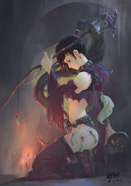 Anime picture 2480x3508 with league of legends jax (league of legends) 32106fu single long hair tall image highres light erotic black hair green eyes ponytail red hair profile genderswap girl weapon detached sleeves earrings