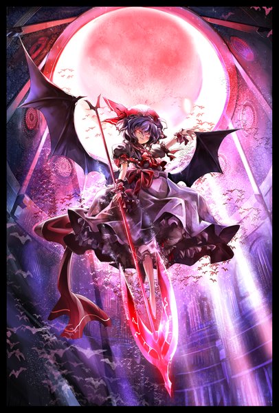 Anime picture 1240x1831 with touhou remilia scarlet kozou single tall image short hair red eyes purple hair red moon girl dress weapon wings frills bonnet bat spear the gungnir