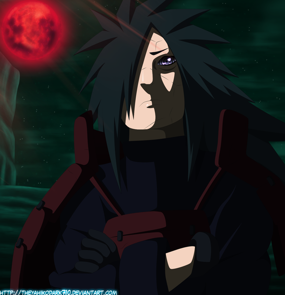 Anime picture 1500x1554 with naruto studio pierrot naruto (series) uchiha madara iitheyahikodarkii single long hair tall image fringe purple eyes looking away hair over one eye coloring red moon rinnegan boy gloves