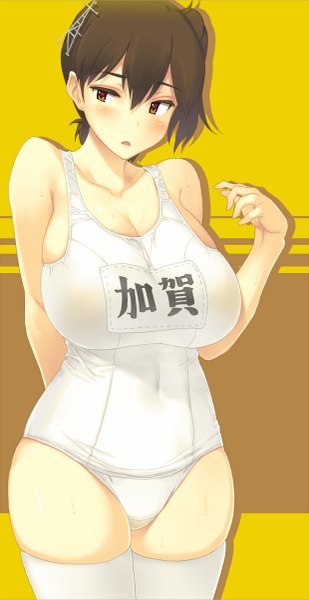 Anime picture 619x1200 with kantai collection kaga aircraft carrier yn red single tall image blush short hair breasts light erotic brown hair standing brown eyes looking away huge breasts hieroglyph yellow background girl thighhighs hair ornament swimsuit