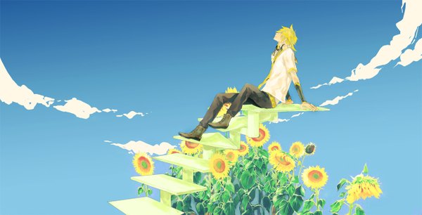 Anime picture 1280x654 with vocaloid kagamine len kaninnvven single short hair blonde hair wide image sitting sky profile looking up boy flower (flowers) detached sleeves shirt necktie boots headphones pants sunflower
