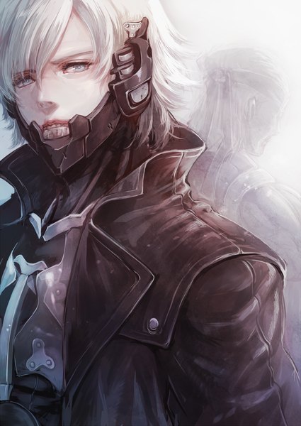 Anime picture 1000x1412 with metal gear metal gear solid raiden solid snake senano-yu tall image fringe highres blue eyes hair between eyes white background white hair multiple boys teeth boy mask coat bandana trench coat