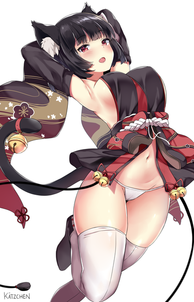 Anime picture 724x1125 with azur lane yamashiro (azur lane) kaetzchen single tall image looking at viewer blush fringe short hair breasts open mouth light erotic black hair simple background red eyes large breasts standing white background signed animal ears